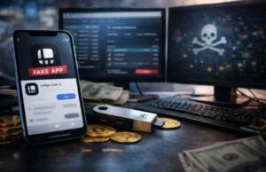 Crypto Users Lose $9.5M to Fake Ledger App on Apple Store A modern smartphone displaying a generic app interface, ready to download a fake Ledger wallet app, placed on a desk next to a hardware crypto wallet device and several physical Bitcoin coins. A dimly lit workstation with dual monitors showing blurred crypto transaction dashboards and abstract security visuals. Faintly visible cash on the desk.
