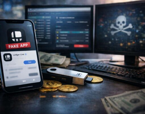 Crypto Users Lose $9.5M to Fake Ledger App on Apple Store A modern smartphone displaying a generic app interface, ready to download a fake Ledger wallet app, placed on a desk next to a hardware crypto wallet device and several physical Bitcoin coins. A dimly lit workstation with dual monitors showing blurred crypto transaction dashboards and abstract security visuals. Faintly visible cash on the desk.