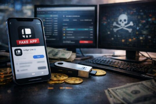 Crypto Users Lose $9.5M to Fake Ledger App on Apple Store A modern smartphone displaying a generic app interface, ready to download a fake Ledger wallet app, placed on a desk next to a hardware crypto wallet device and several physical Bitcoin coins. A dimly lit workstation with dual monitors showing blurred crypto transaction dashboards and abstract security visuals. Faintly visible cash on the desk.