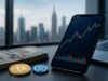 Bitget Launches Stock+ With Access to 10,000 U.S. Stocks and ETFs Smartphone displaying a stock market chart beside U.S. dollar bills, a Bitcoin coin, and a stablecoin token on a desk with a city skyline in the background.