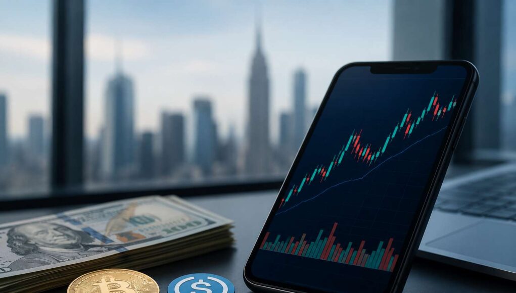 Smartphone displaying a stock market chart beside U.S. dollar bills, a Bitcoin coin, and a stablecoin token on a desk with a city skyline in the background.