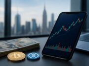 Bitget Launches Stock+ With Access to 10,000 U.S. Stocks and ETFs Smartphone displaying a stock market chart beside U.S. dollar bills, a Bitcoin coin, and a stablecoin token on a desk with a city skyline in the background.