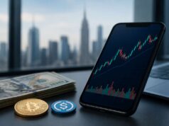 Bitget Launches Stock+ With Access to 10,000 U.S. Stocks and ETFs Smartphone displaying a stock market chart beside U.S. dollar bills, a Bitcoin coin, and a stablecoin token on a desk with a city skyline in the background.