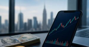 Bitget Launches Stock+ With Access to 10,000 U.S. Stocks and ETFs Smartphone displaying a stock market chart beside U.S. dollar bills, a Bitcoin coin, and a stablecoin token on a desk with a city skyline in the background.