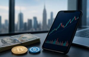 Bitget Launches Stock+ With Access to 10,000 U.S. Stocks and ETFs Smartphone displaying a stock market chart beside U.S. dollar bills, a Bitcoin coin, and a stablecoin token on a desk with a city skyline in the background.