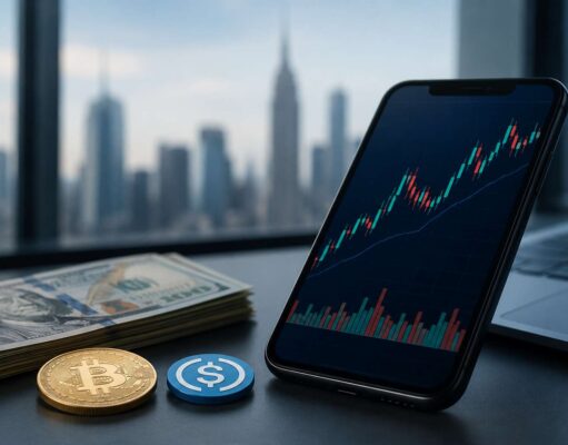 Bitget Launches Stock+ With Access to 10,000 U.S. Stocks and ETFs Smartphone displaying a stock market chart beside U.S. dollar bills, a Bitcoin coin, and a stablecoin token on a desk with a city skyline in the background.