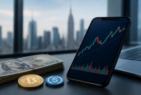 Bitget Launches Stock+ With Access to 10,000 U.S. Stocks and ETFs Smartphone displaying a stock market chart beside U.S. dollar bills, a Bitcoin coin, and a stablecoin token on a desk with a city skyline in the background.
