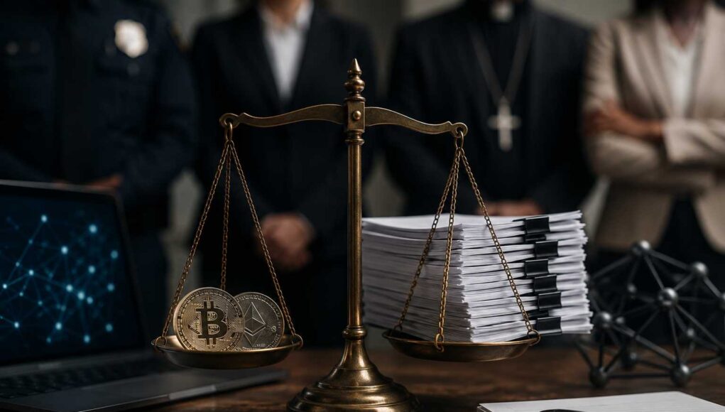 CLARITY Act Faces Fresh Scrutiny Over DeFi and AML Concerns A balance scale holding cryptocurrency coins on one side and legal documents on the other, symbolizing the debate over crypto regulation, anti-money laundering safeguards, and the CLARITY Act.