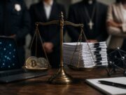 CLARITY Act Faces Fresh Scrutiny Over DeFi and AML Concerns A balance scale holding cryptocurrency coins on one side and legal documents on the other, symbolizing the debate over crypto regulation, anti-money laundering safeguards, and the CLARITY Act.