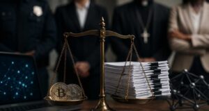 CLARITY Act Faces Fresh Scrutiny Over DeFi and AML Concerns A balance scale holding cryptocurrency coins on one side and legal documents on the other, symbolizing the debate over crypto regulation, anti-money laundering safeguards, and the CLARITY Act.