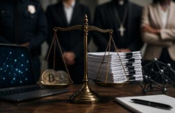 CLARITY Act Faces Fresh Scrutiny Over DeFi and AML Concerns A balance scale holding cryptocurrency coins on one side and legal documents on the other, symbolizing the debate over crypto regulation, anti-money laundering safeguards, and the CLARITY Act.