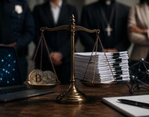 CLARITY Act Faces Fresh Scrutiny Over DeFi and AML Concerns A balance scale holding cryptocurrency coins on one side and legal documents on the other, symbolizing the debate over crypto regulation, anti-money laundering safeguards, and the CLARITY Act.