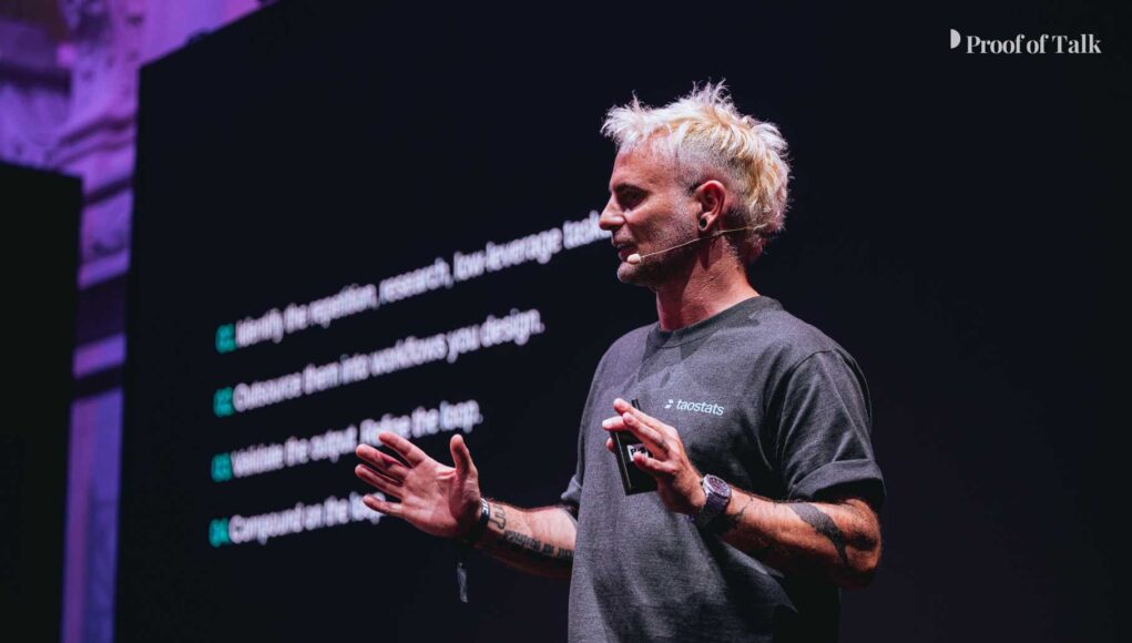 Exclusive Interview: Marcus “Mog” Graichen, The Translator of Bittensor Marcus Graichen, founder and CEO of Taostats, speaking on stage at the Proof of Talk 2026 summit in Paris.