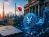 SBI Launches JPYSC as Japan’s Stablecoin Ecosystem Expands Illustration of a digital yen coin with Tokyo landmarks, Japanese financial buildings, blockchain graphics, and the national flag representing Japan's expanding regulated stablecoin ecosystem.