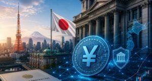 SBI Launches JPYSC as Japan’s Stablecoin Ecosystem Expands Illustration of a digital yen coin with Tokyo landmarks, Japanese financial buildings, blockchain graphics, and the national flag representing Japan's expanding regulated stablecoin ecosystem.