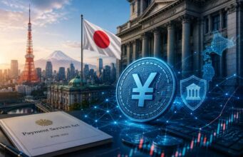 SBI Launches JPYSC as Japan’s Stablecoin Ecosystem Expands Illustration of a digital yen coin with Tokyo landmarks, Japanese financial buildings, blockchain graphics, and the national flag representing Japan's expanding regulated stablecoin ecosystem.