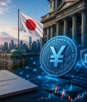 SBI Launches JPYSC as Japan’s Stablecoin Ecosystem Expands Illustration of a digital yen coin with Tokyo landmarks, Japanese financial buildings, blockchain graphics, and the national flag representing Japan's expanding regulated stablecoin ecosystem.