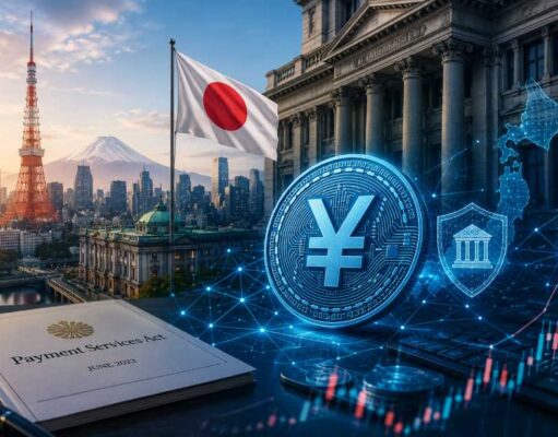 SBI Launches JPYSC as Japan’s Stablecoin Ecosystem Expands Illustration of a digital yen coin with Tokyo landmarks, Japanese financial buildings, blockchain graphics, and the national flag representing Japan's expanding regulated stablecoin ecosystem.