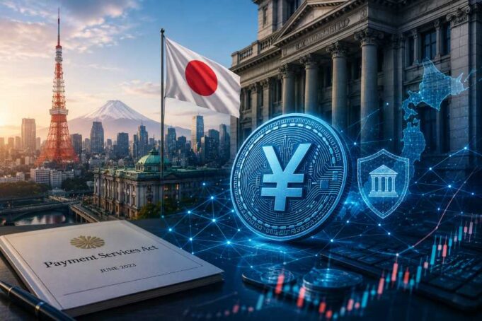 Illustration of a digital yen coin with Tokyo landmarks, Japanese financial buildings, blockchain graphics, and the national flag representing Japan's expanding regulated stablecoin ecosystem.