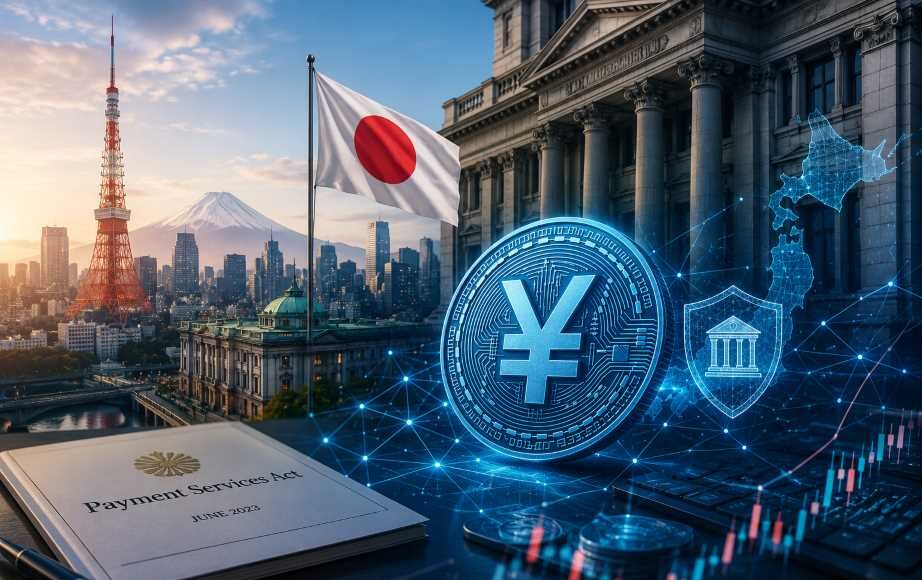 SBI Launches JPYSC as Japan’s Stablecoin Ecosystem Expands Illustration of a digital yen coin with Tokyo landmarks, Japanese financial buildings, blockchain graphics, and the national flag representing Japan's expanding regulated stablecoin ecosystem.